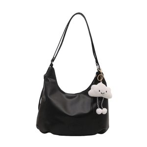 Minimalist black hobo shoulder bag with a cute white cloud plush charm detail