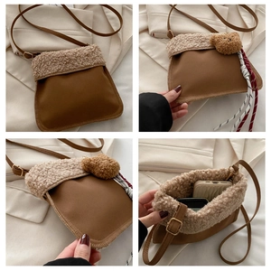 Detail view of winter brown plush bucket bag with cute bear charm and fuzzy sheepskin trim