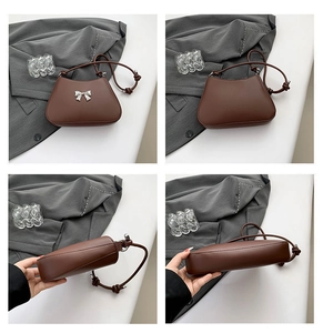 Detailed four-way view of brown underarm bag featuring silver bow metal buckle detail