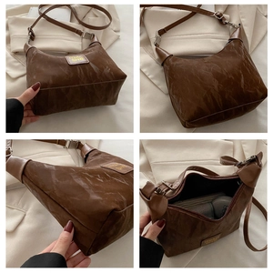 Four views showing the brown pleated PU leather bag details and interior storage capacity