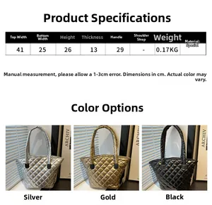 Guía de tallas para bolso tote acolchado grande en plateado, dorado y negro con medidas