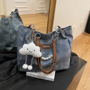Sac Tote Femme Grande Capacité en Cuir PU Vintage Avec Chaîne en Métal et Künstliche Perles Sac à Bandoulière pour Bureau Quotidien