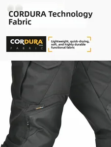 Close-up of durable Cordura fabric texture on black motorcycle riding pants