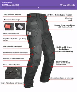 Detailed view of Cordura motorcycle pants with CE knee armor and waterproof fabric