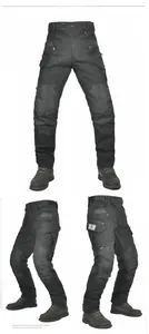 Detailed multi-angle view of black Cordura motorcycle pants with protective knee pads