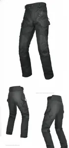 Front and back views of black Cordura motorcycle cargo pants with tactical pockets