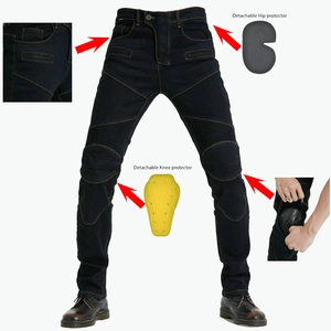 Motorcycle riding jeans with detachable knee and hip protection pads in black denim