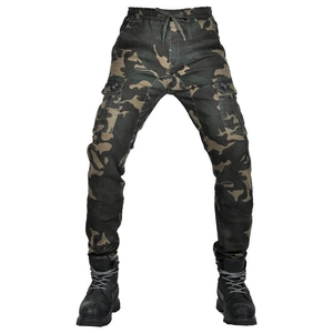 Detail of camouflage cargo pants featuring large flap pockets and adjustable drawstring waist