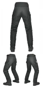 Detail of abrasion-resistant motorcycle pants with knee stretch panels and side cargo pockets