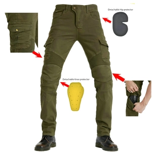 Men motorcycle riding pants in olive green with protective pads and pleated knees