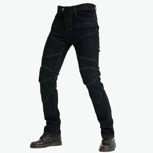 Protective motorcycle jeans with knee elastic pleats and armor pockets for racing