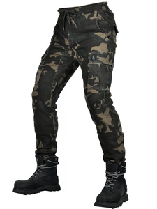 Men's camouflage motorcycle cargo pants with protective pockets and ribbed cuffs