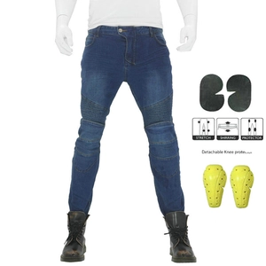 Detail of stretch shirring panels and detachable knee protectors on blue riding jeans