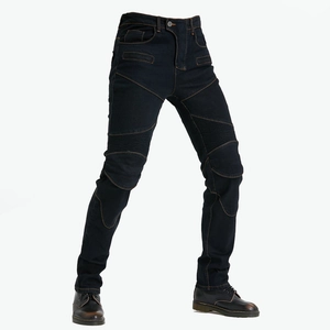 Dark blue motorcycle protective jeans with reinforced padding and orange stitching detail