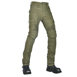 Close-up of olive green motorcycle riding pants with reinforced knee armor and cargo pockets