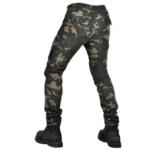 Men's camouflage motorcycle cargo pants with protective pockets and cuffed hems