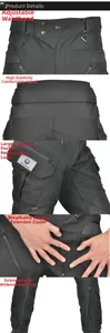 Detail of adjustable belt and large zippered pockets on CORDURA motorcycle pants