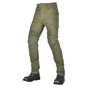 Army green motorcycle riding cargo pants with protective knee panels and side pockets