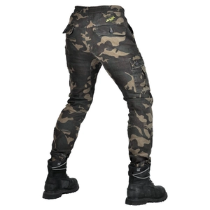 Protective woodland camo motorcycle cargo pants with multi-pocket and elastic cuff design