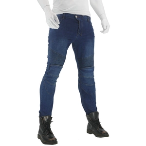 Detail of blue motorcycle riding jeans featuring elastic knee stitching and worker boots