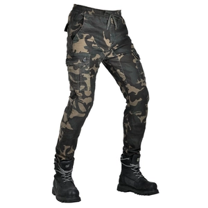 Army green camo motorcycle riding pants with cargo pockets and elastic drawstring waist