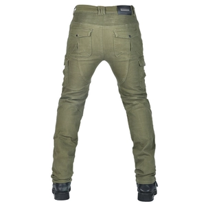 Army green motorcycle cargo pants with protective padding and flexible back panels