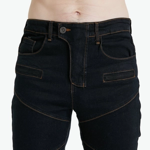 Detail of black motorcycle jeans featuring yellow contrast stitching and metal button