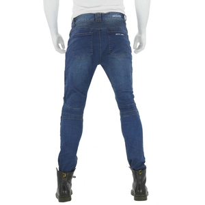 Detail of dark blue motorcycle jeans featuring back accordion stretch panels and logo