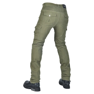 Detail view of army green motorcycle cargo pants with rear pockets and stretch panels