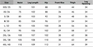 Detailed size chart for motorcycle riding jeans showing waist, hip, and length measurements