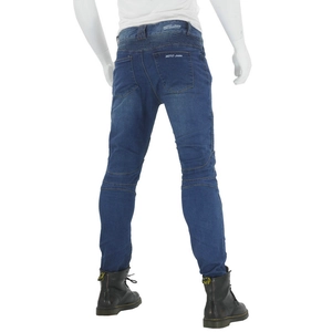 Detail of accordion stretch panels on the knees and waist of blue motorcycle riding jeans