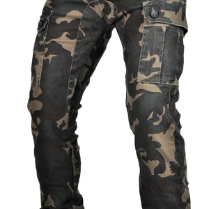 Detail shot of men's slim camo cargo pants showing durable fabric and large side flap pockets