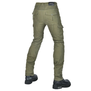 Detail of military green motorcycle pants with cargo pockets and stretch panels