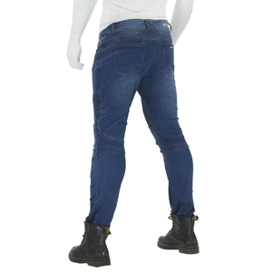Detail of slim-fit biker jeans with elastic accordion panels for motorcycle riding
