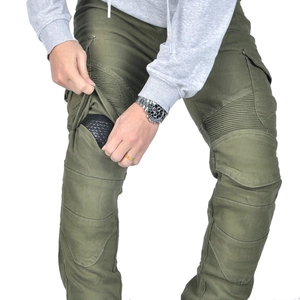 Army green motorcycle cargo pants with pleated knees and removable protective gear