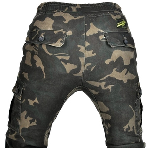 Detail view of camouflage motorcycle cargo pants showing large side pockets and branding