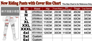 Detailed size chart for high elasticity motorcycle riding jeans from size S to 6XL