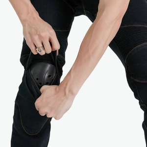 Men's motorcycle racing jeans with protective knee pads and elastic stretch panels