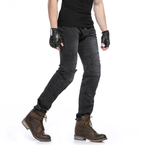 Detail of charcoal motorcycle jeans with protective knee padding and slim fit design