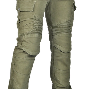 Detailed view of olive green motorcycle cargo pants with pleated knees and side pockets