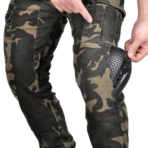 Detail of camouflage tactical pants featuring removable honeycomb protective knee pads