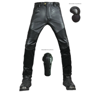 Men's Motorcycle Riding Pants PU Leather Waterproof Protective Gear Removable Pads Accordion Stretch Slim Fit Biker Trousers Black