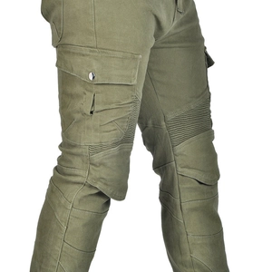 Olive green tactical motorcycle pants with accordion knees and cargo pockets