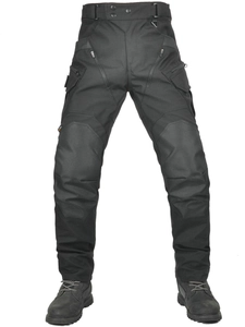 Black Cordura motorcycle riding pants with reinforced knee pads and tactical zipper pockets