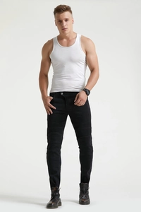 Slim fit black motorcycle jeans featuring ribbed biker panels on the knees and durable fabric