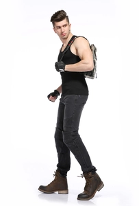 Detail of protective motorcycle jeans with flexible knee panels and reinforced padding
