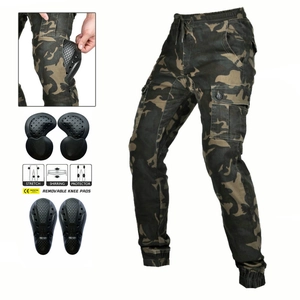 Detail of camouflage motorcycle jeans with CE certified removable knee protective pads