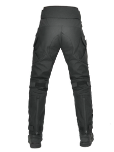 Rear view of black Cordura motorcycle pants with reinforced seams and tactical pockets