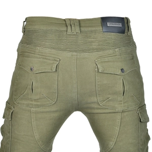 Detailed back view of olive green motorcycle pants with elastic panels and cargo pockets