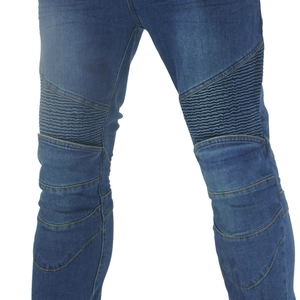 Detailed view of accordion stretch panels on blue motorcycle riding jeans for flexibility